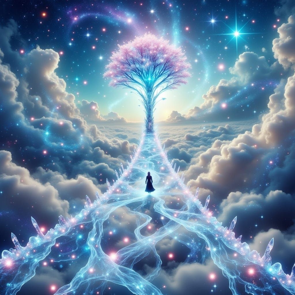 Traveler Ascends Crystal Bridge to Luminous Tree