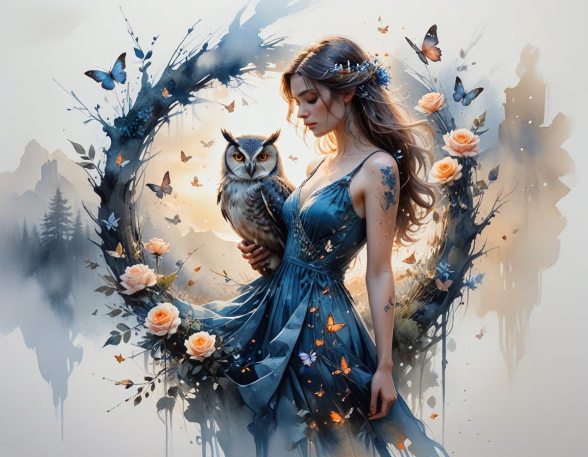Enchanted Realism Portrait: Woman with Owl and Butterflies