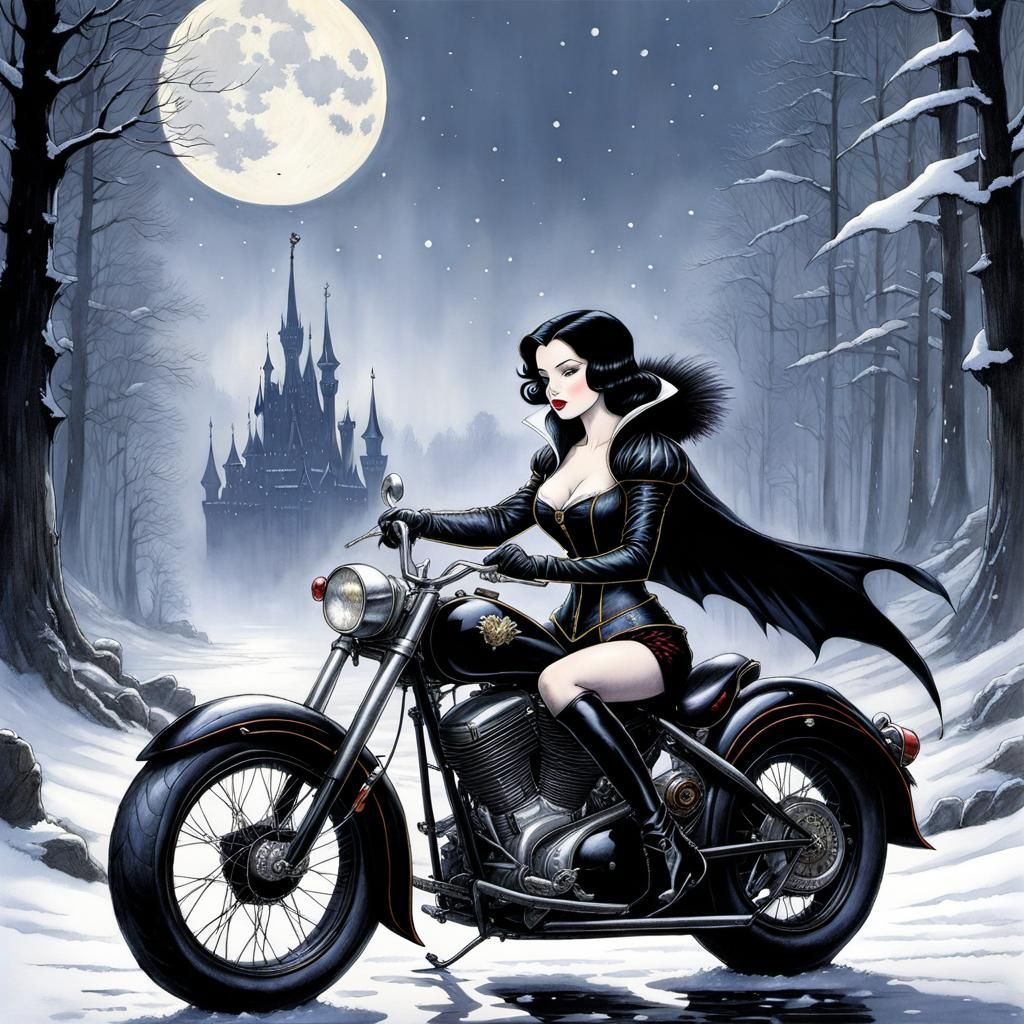 Goth Snow White Rides a Leather Jacketed Motorcycle with a M...