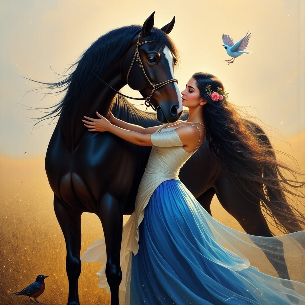 Woman Embraces Horse in Minimalist Oil Portrait