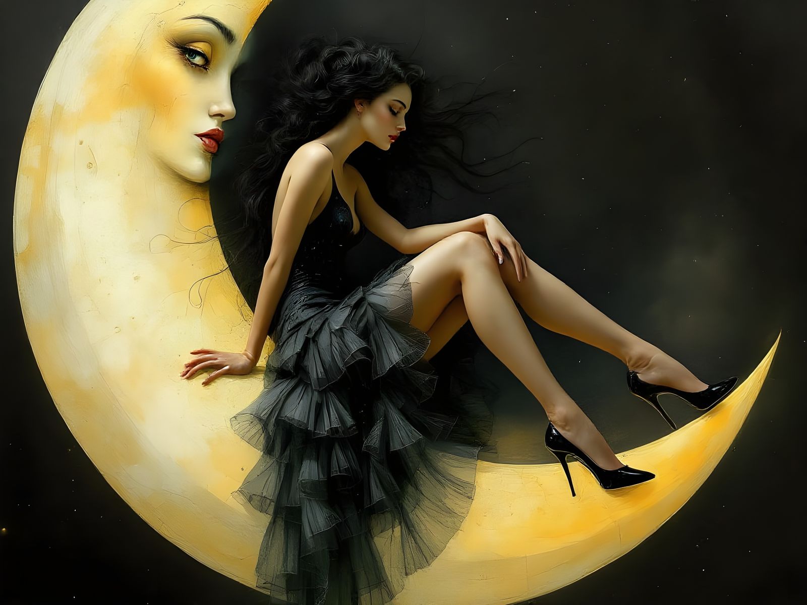 Ethereal Surrealist Goddess Adorns the Lunar Crescent