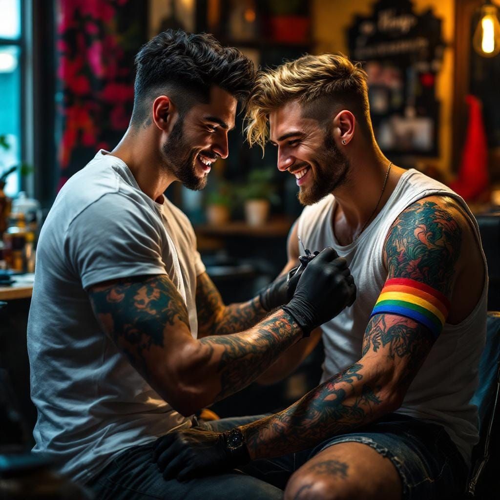 Tattoo Artist Inking Rainbow Flag in Studio