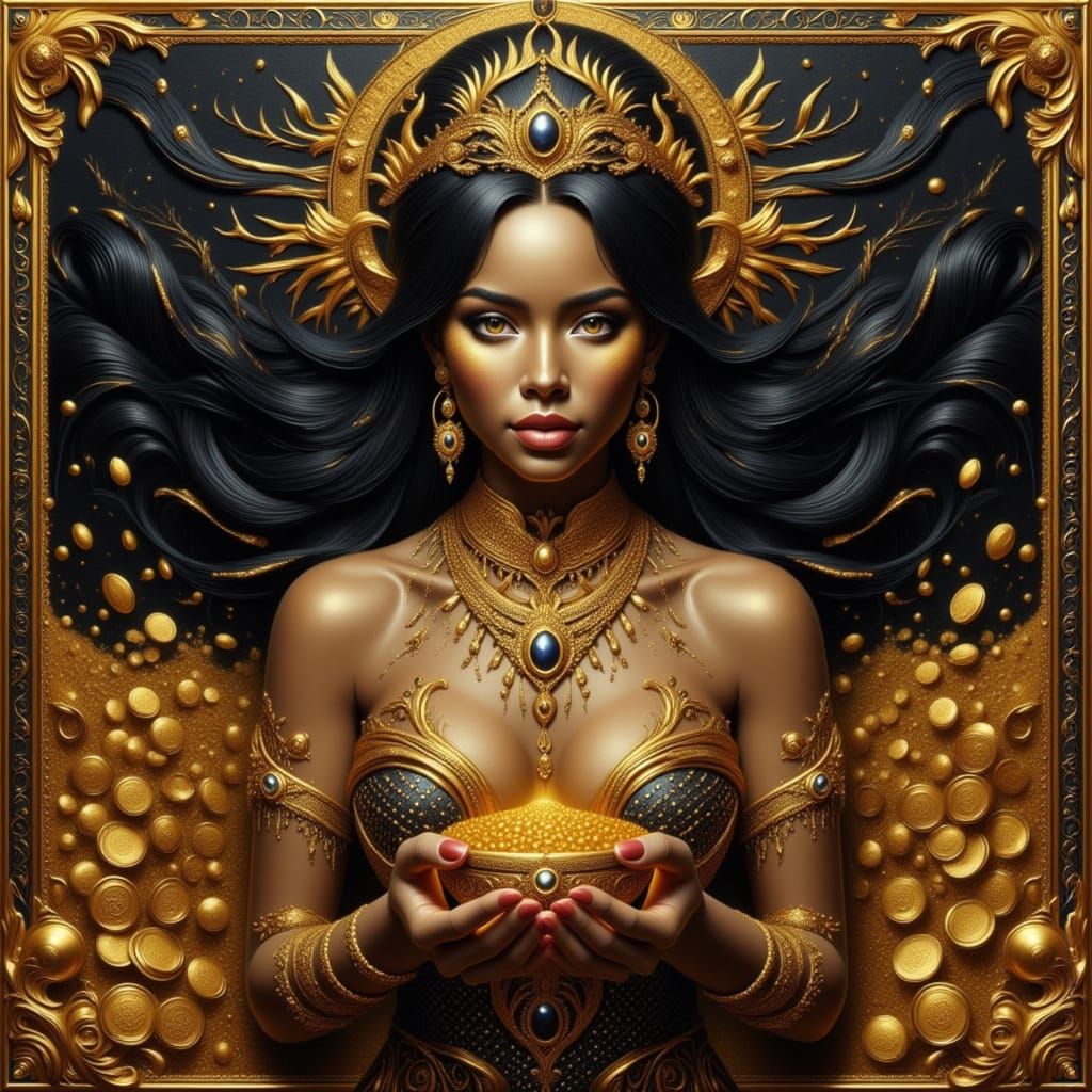 Mystical Goddess of Greed in Golden Treasure Oil Painting