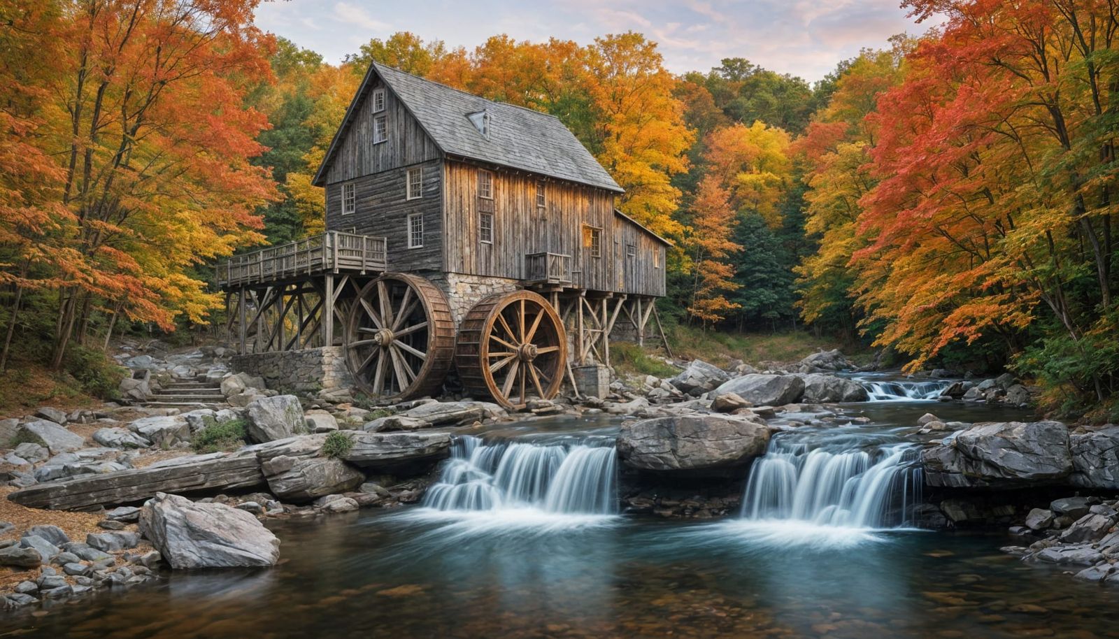 Picturesque Grist Mill Waterfall at Twilight