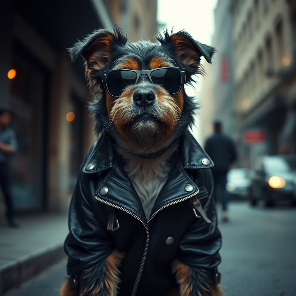 Confident Street Dog in Film Noir Style