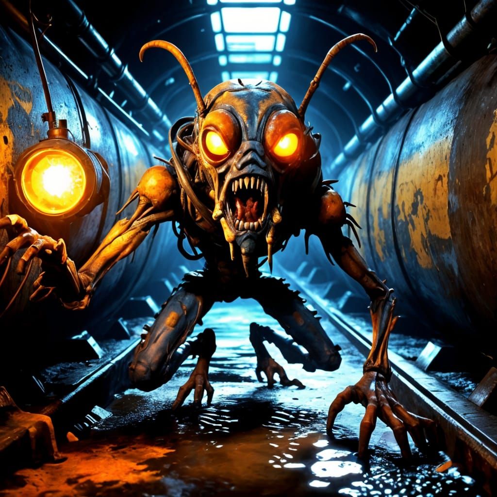 Menacing Insectoid Creature in Sewer Tunnel