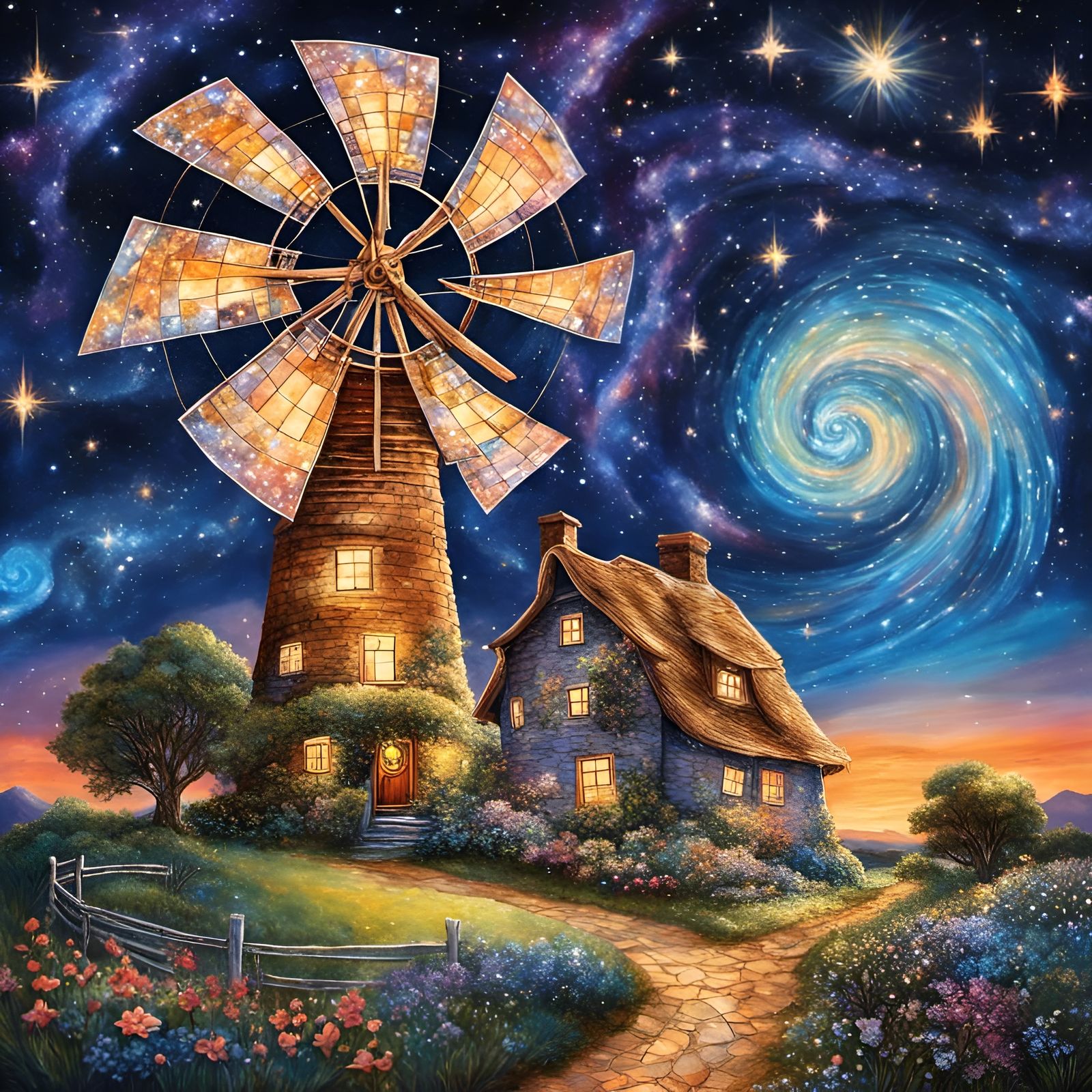 Whimsical Windmill in a Celestial Dutch Colonial Setting