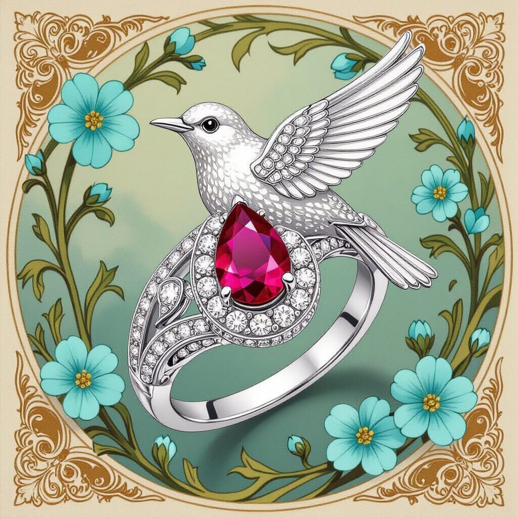 Ruby Ring with Diamond Bird in Art Nouveau Style