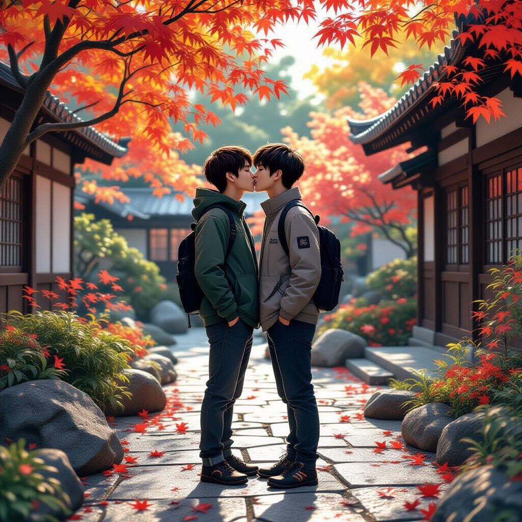 Young Men Kissing in Japanese Garden, 3D Anime Art
