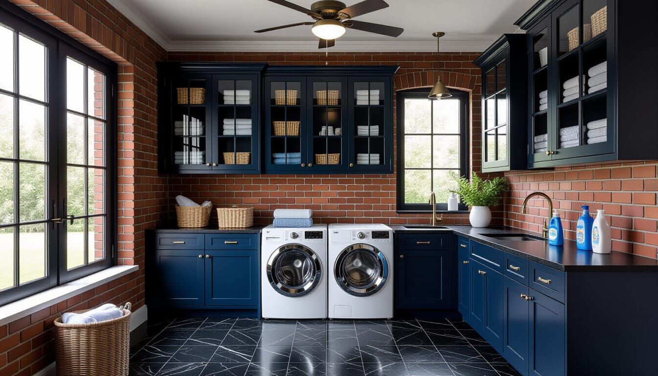 Victorian Laundry Room with Dark Blue and Brick Accents