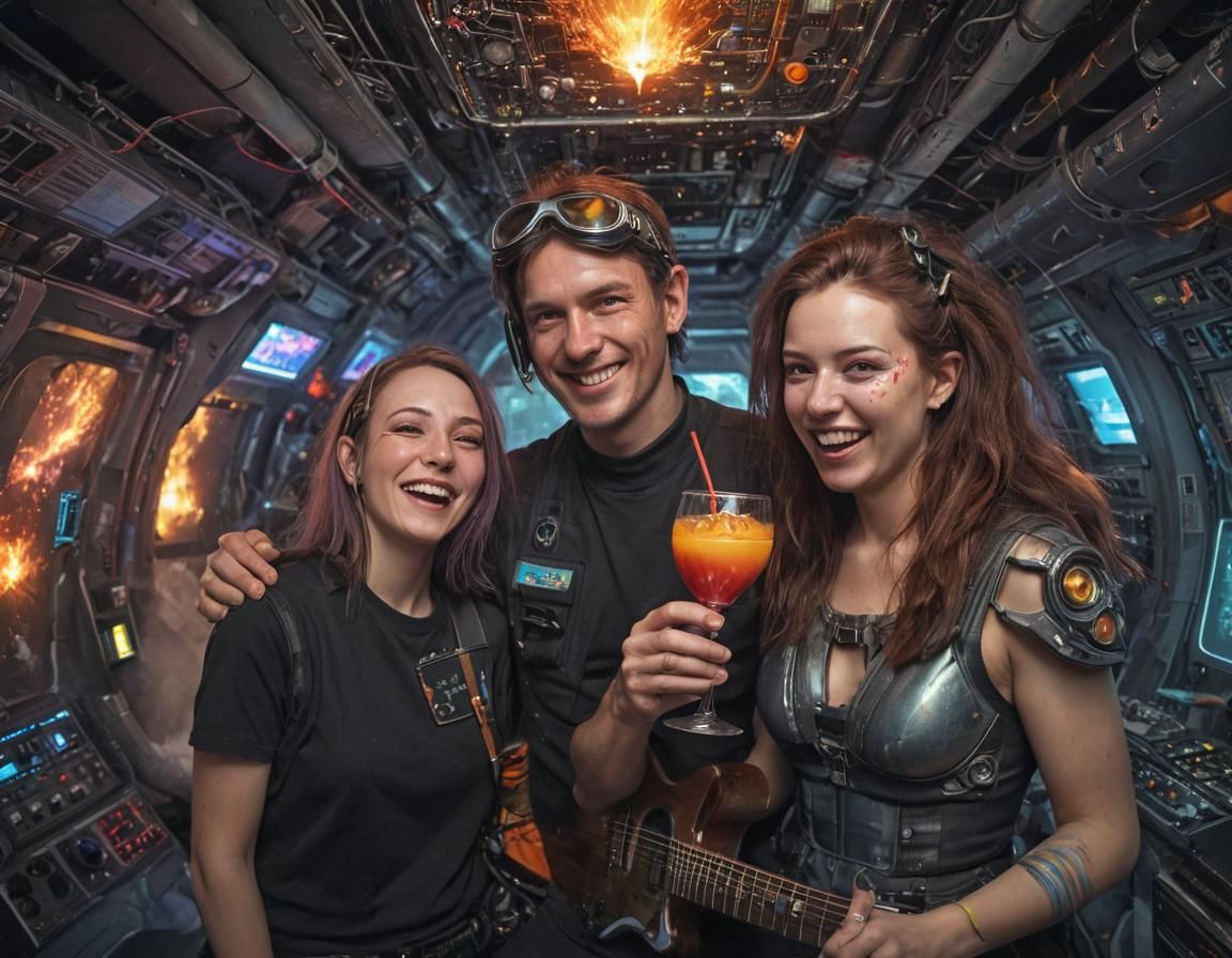 Cyberpunk Cosmic Duo Sipping Flaming Plasma Drinks in a Guit...