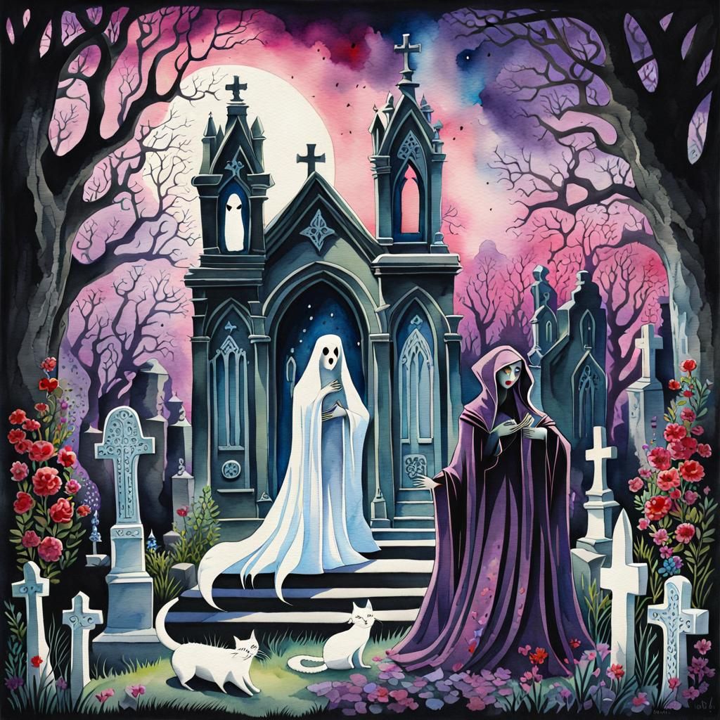 Whimsical Cemetery Scene with a Ghost, Cat, and Woman