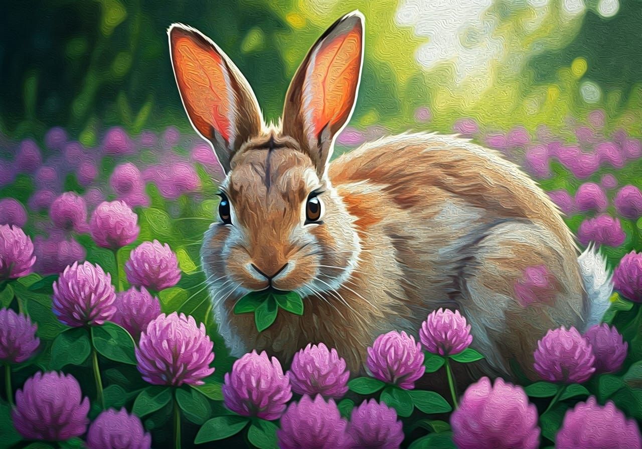 Impasto Bunny Feast in Purple Clover Field