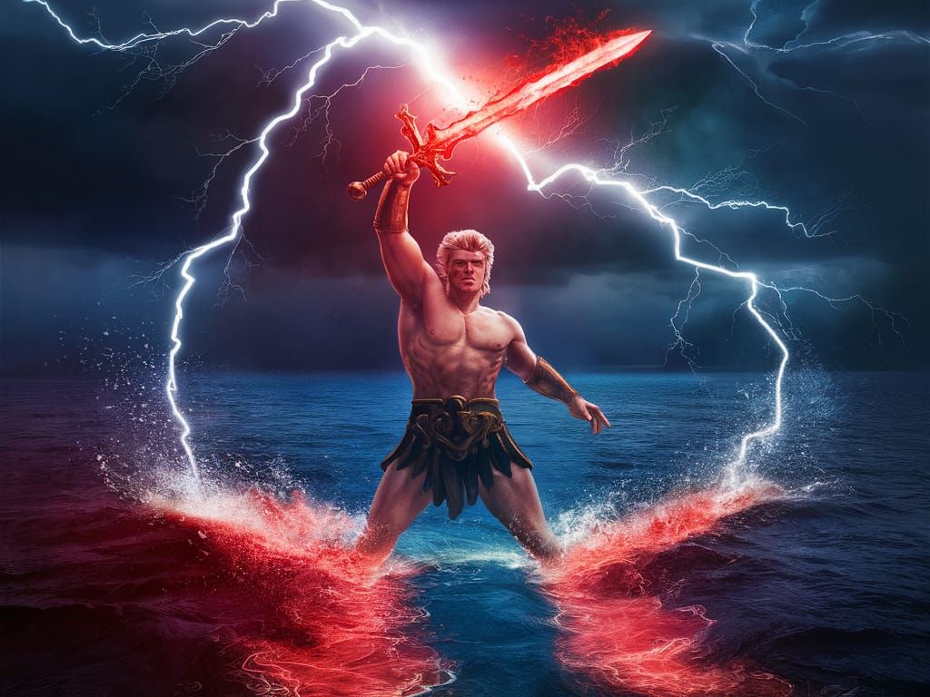 Hercules Standing Strong in a Rift of Fire and Water