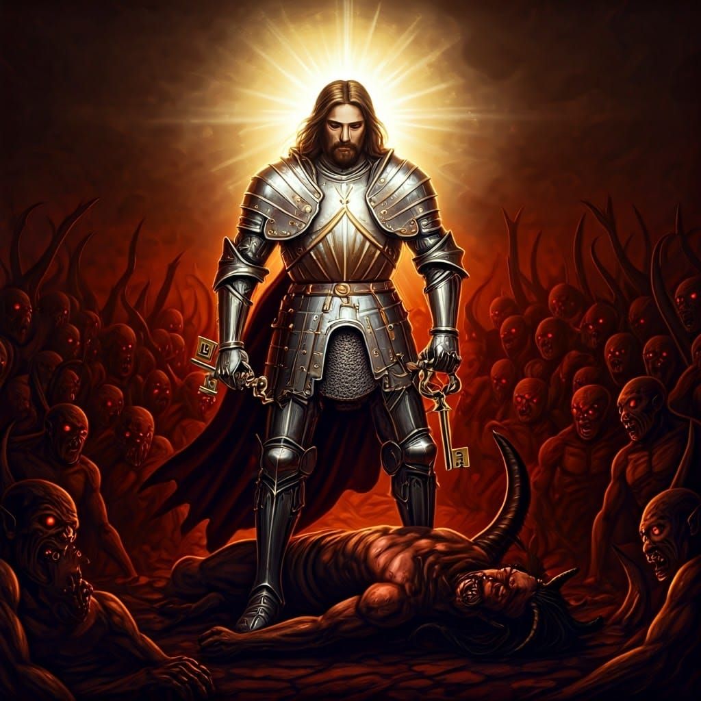 Triumphant Jesus Defeats Satan, Claiming Ancient Keys