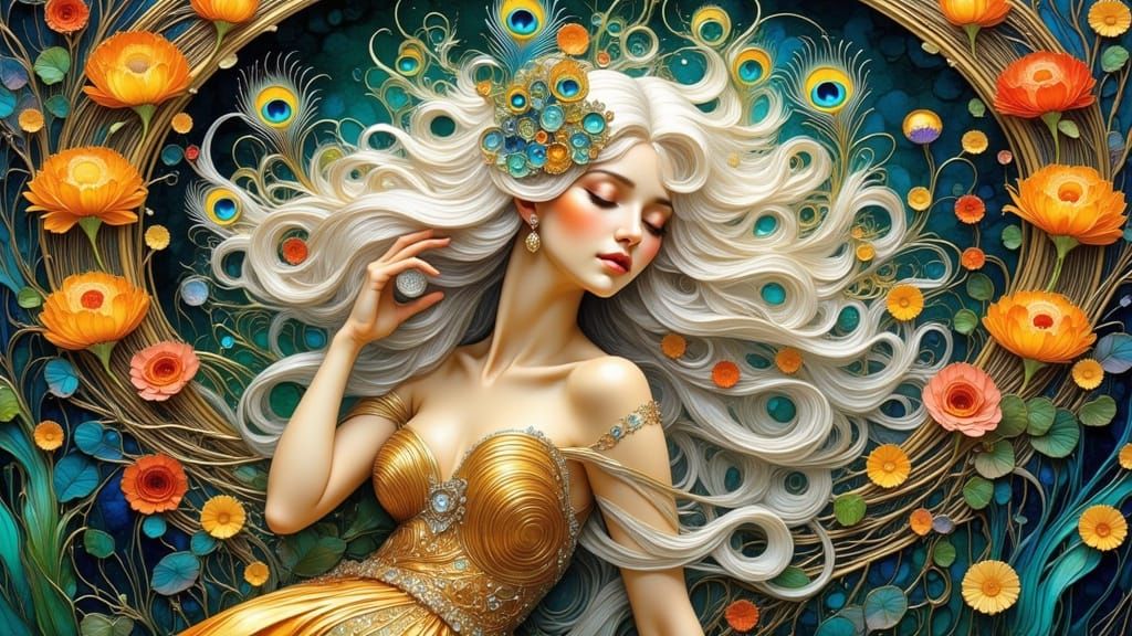 Art Nouveau Woman in Enchanted Garden