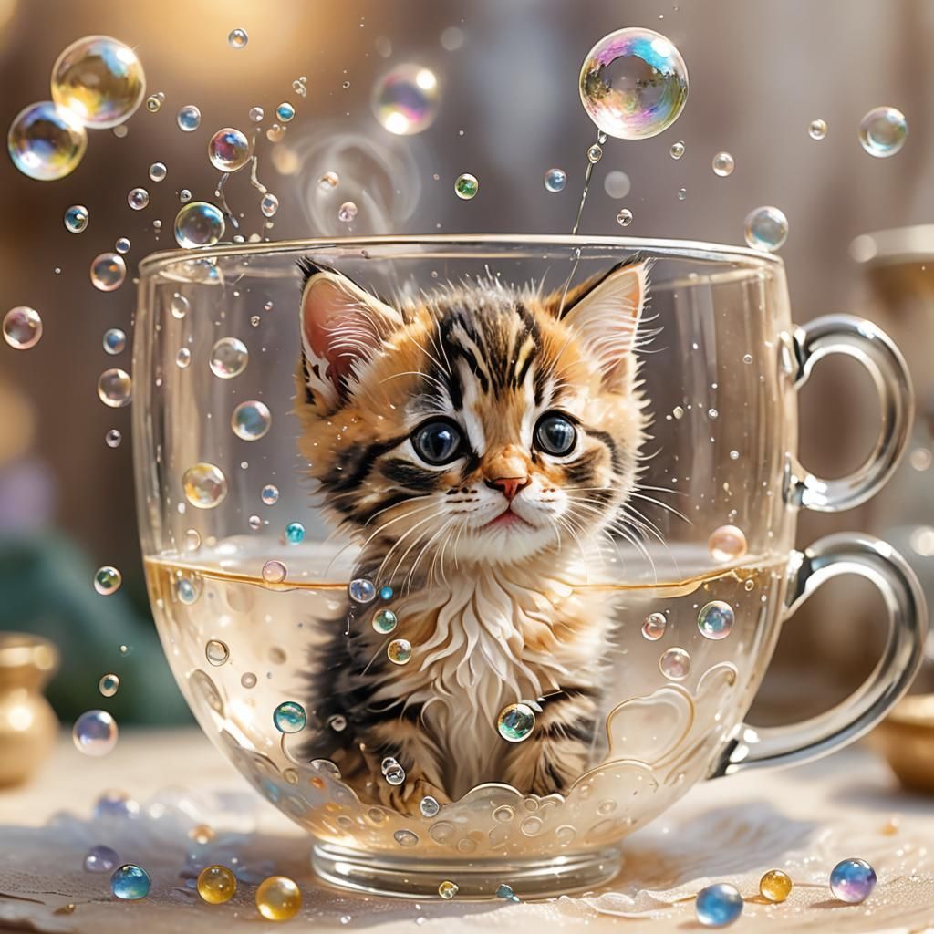 Whimsical Kitten Teacup Bath Scene