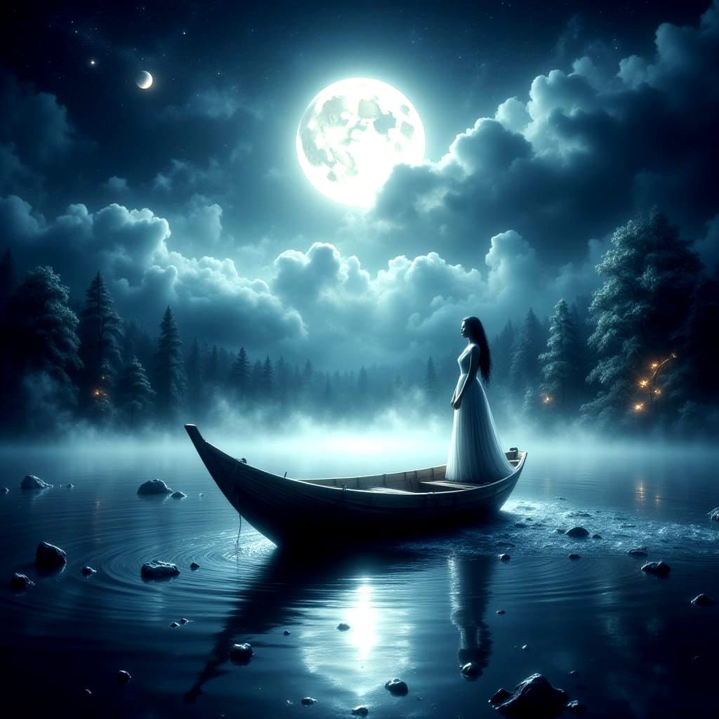 Moonlit Boat Scene with Woman in Dreamy Style