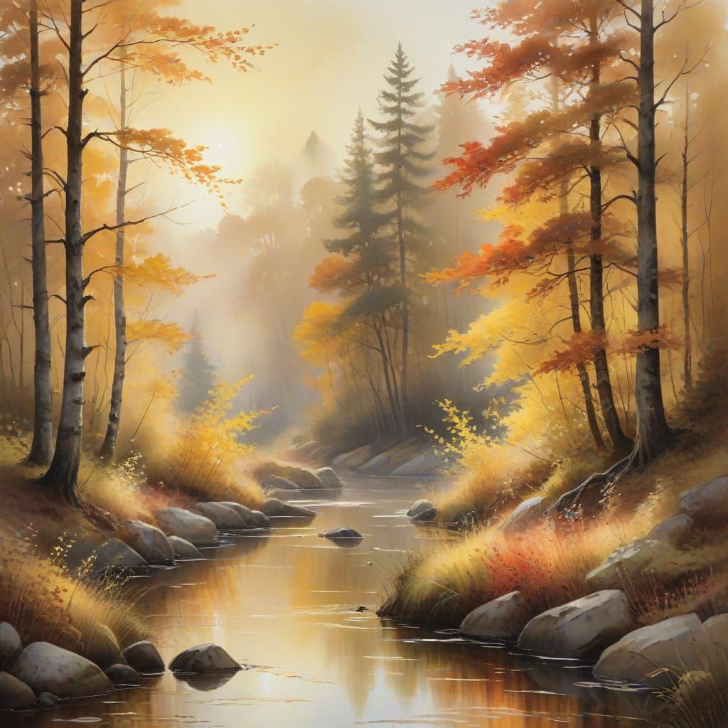 Autumn Amber Forest Glows in Soft Watercolour Light