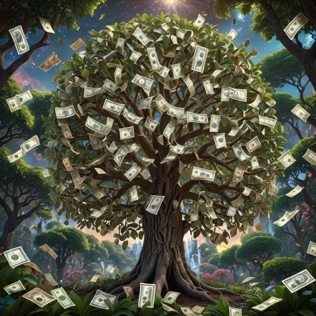 Epic Fantasy Money Tree in a Vibrant Magical Garden