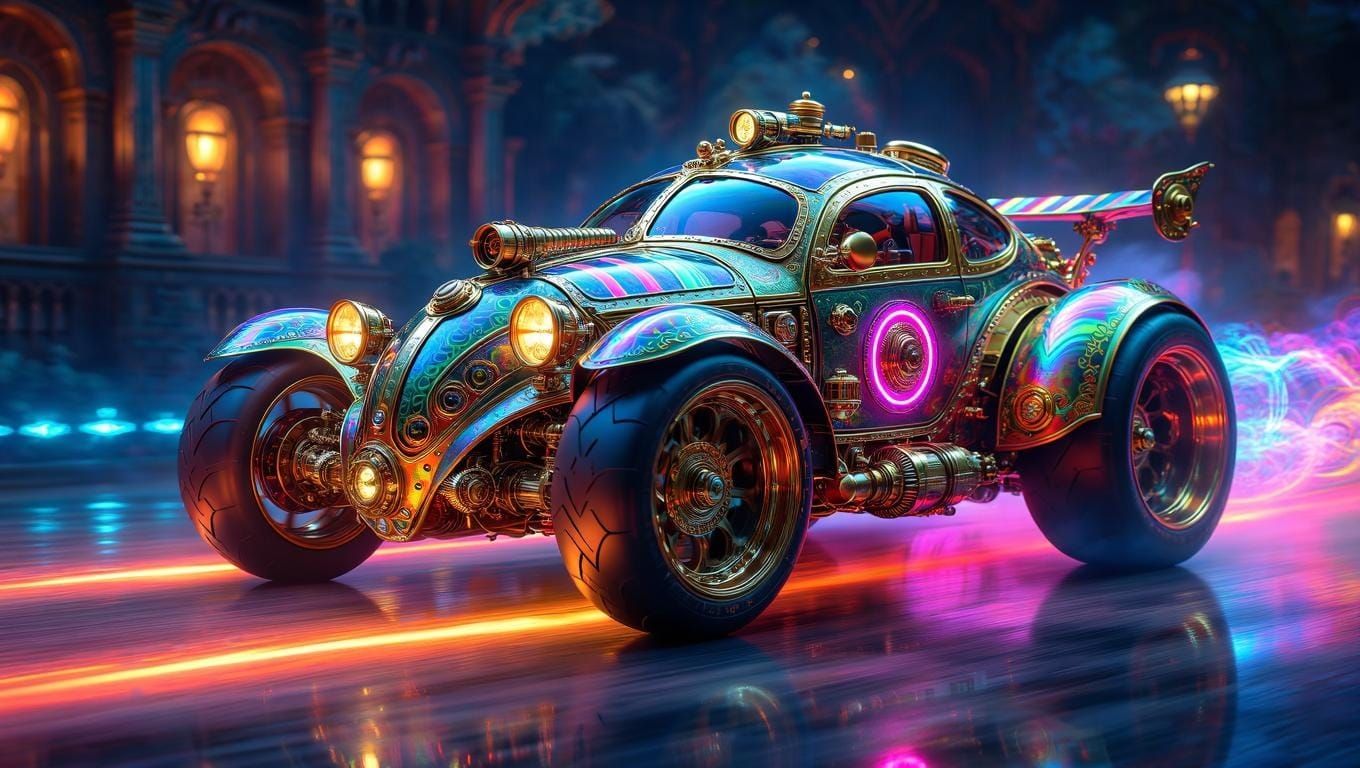 Steampunk Turtle Racing Car with Neon Racing Stripes