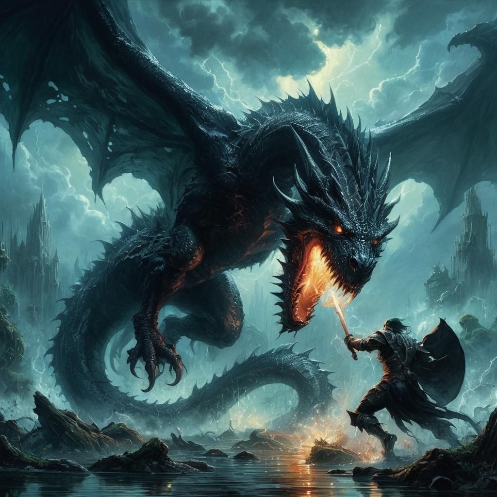 Epic Fantasy Art Black Dragon in Miasmal Swamp