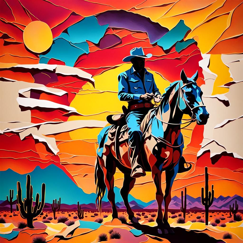 Rhapsodic Paper Cowboy Gazes Upon Dazzling Desert Sunset