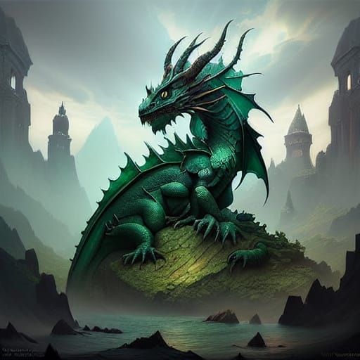 Epic Fantasy Digital Painting of a Majestic Green Dragon