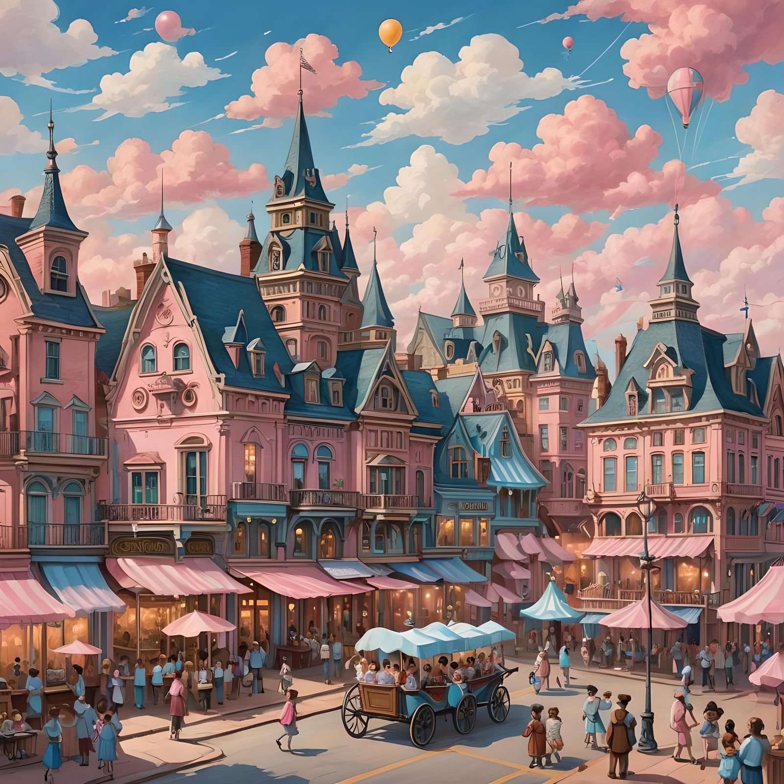 Whimsical Victorian Street Scene in Pastel Dreamland