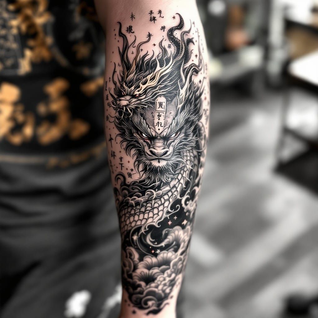 Majestic Qilin Guardian Arm Tattoo in Asian Mythology Style