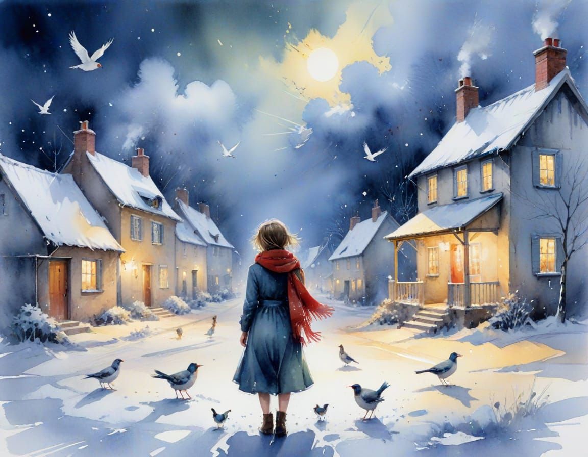 Snowy Village at Blue Hour: Watercolor Aurora Painting