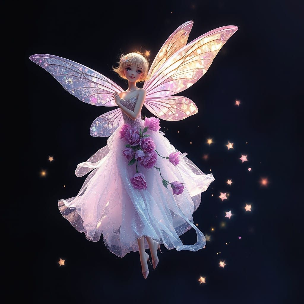 Whimsical Fairy in Holographic Gown with Delicate Wings