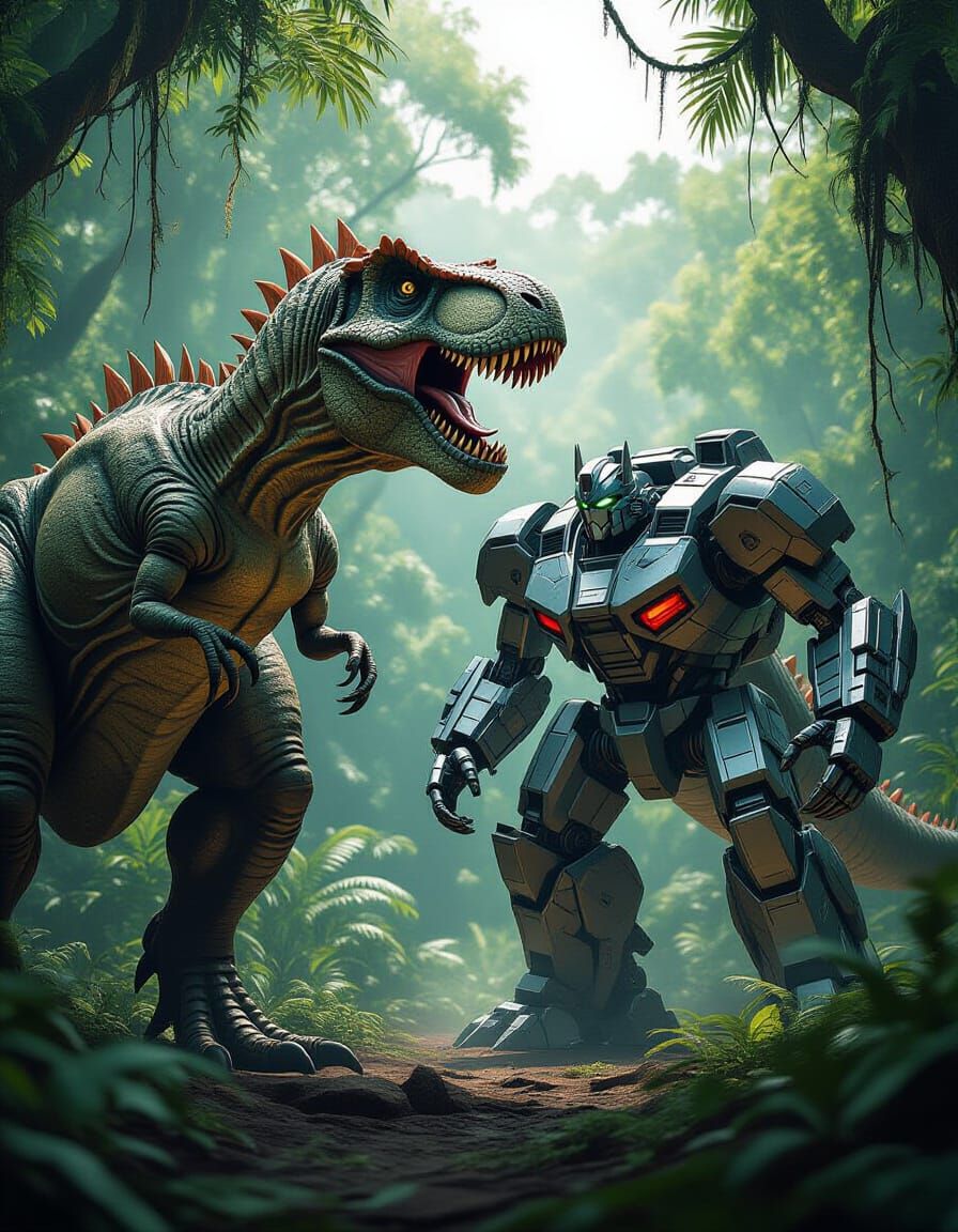 Realistic T-Rex Faces Mechanical Dinosaur in Jungle