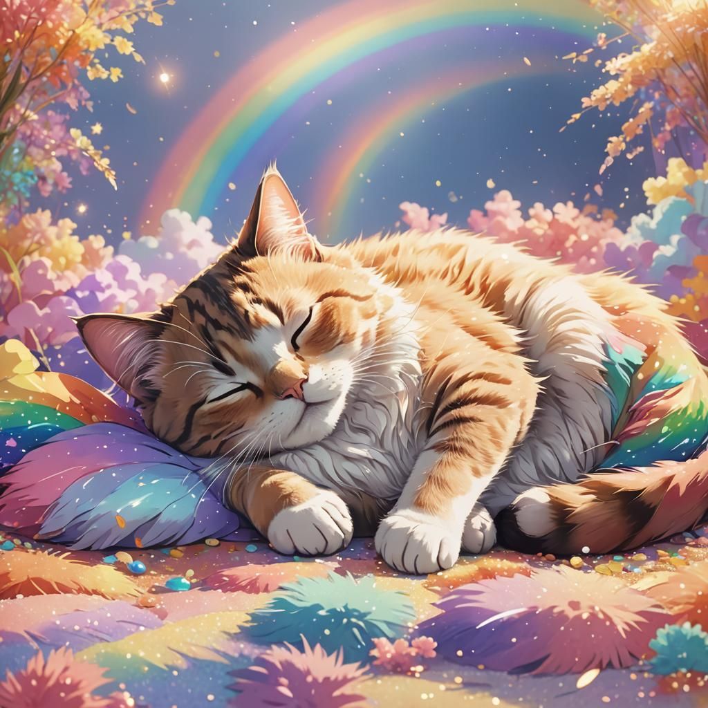 Cat Sleeping Under Rainbow in Anime Style