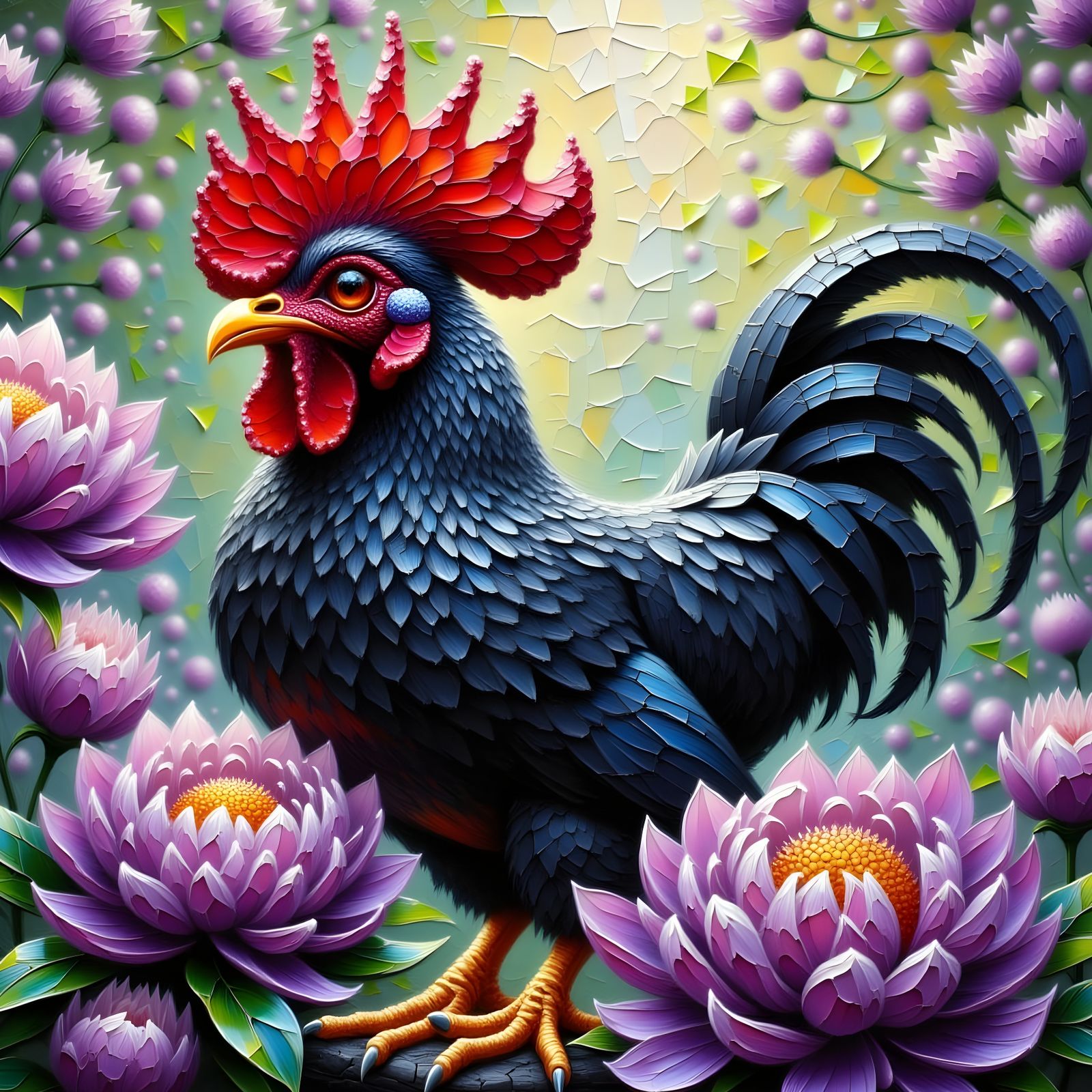 Fluffy Rooster in Peonies as Impasto Painting
