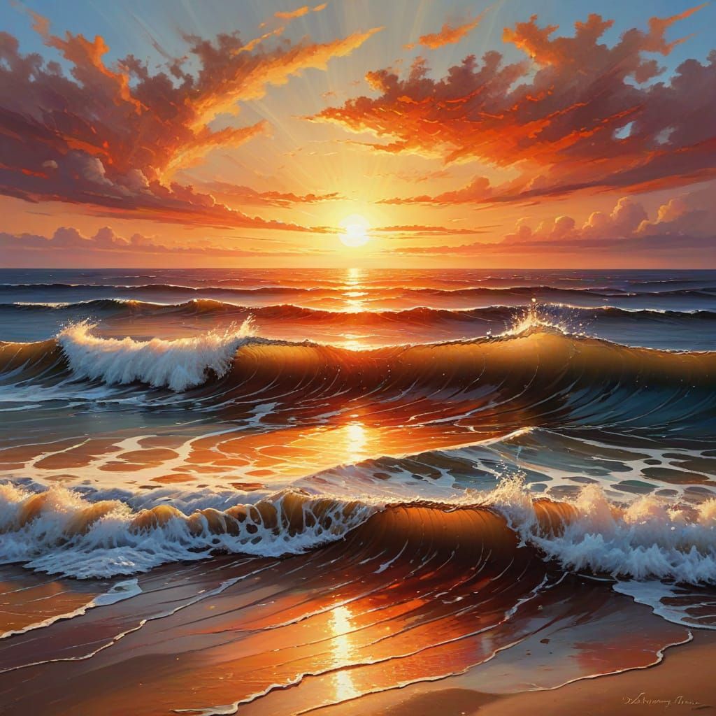 Red Sunset Over Ocean as Oil Painting