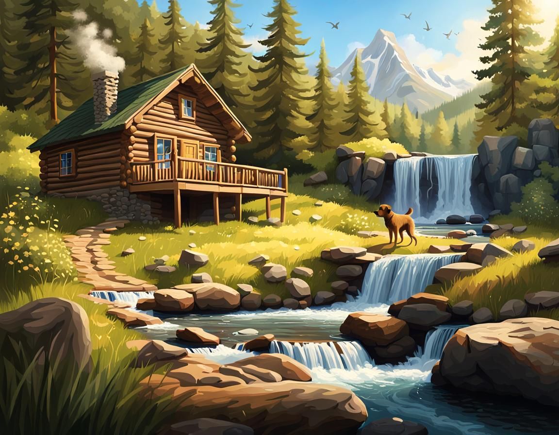 Surreal Summer Cabin Scene in Hyperrealistic Splash Art Styl...