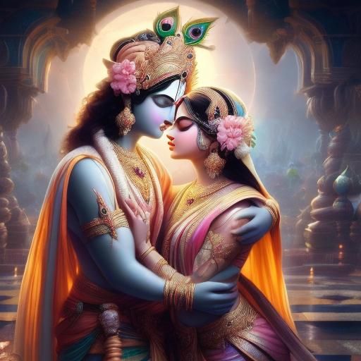 Romantic God Krishna and Devotee Radha Embrace in the Night