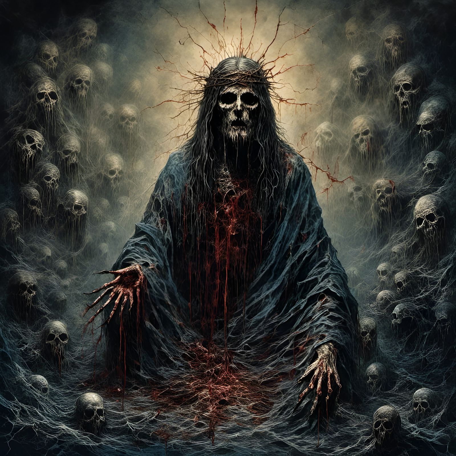 Splattered Jesus Christ Zombie Head in Dark Gothic Hell Land...