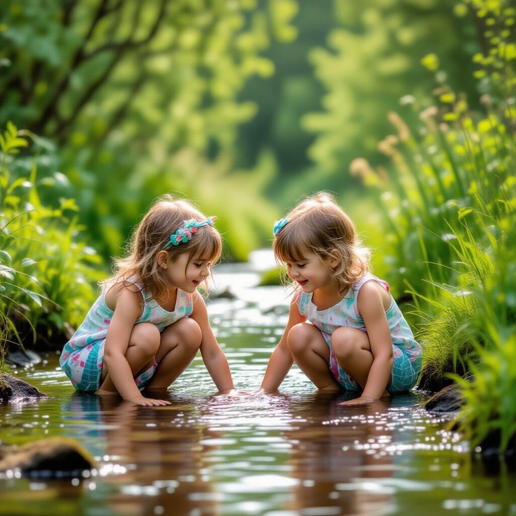 Sisters Play in a Summer Brook