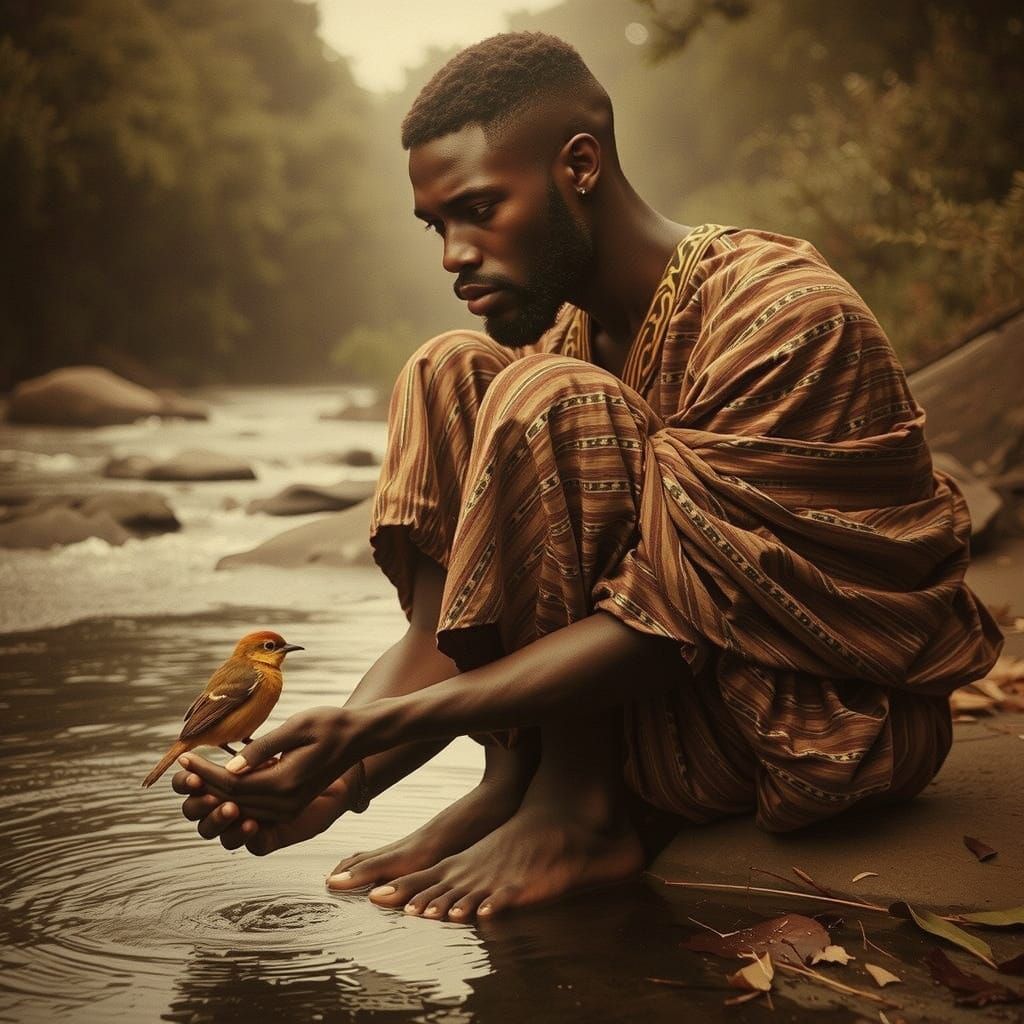 Pensive Congolese Prince with Nightingale: Pre-Raphaelite St...