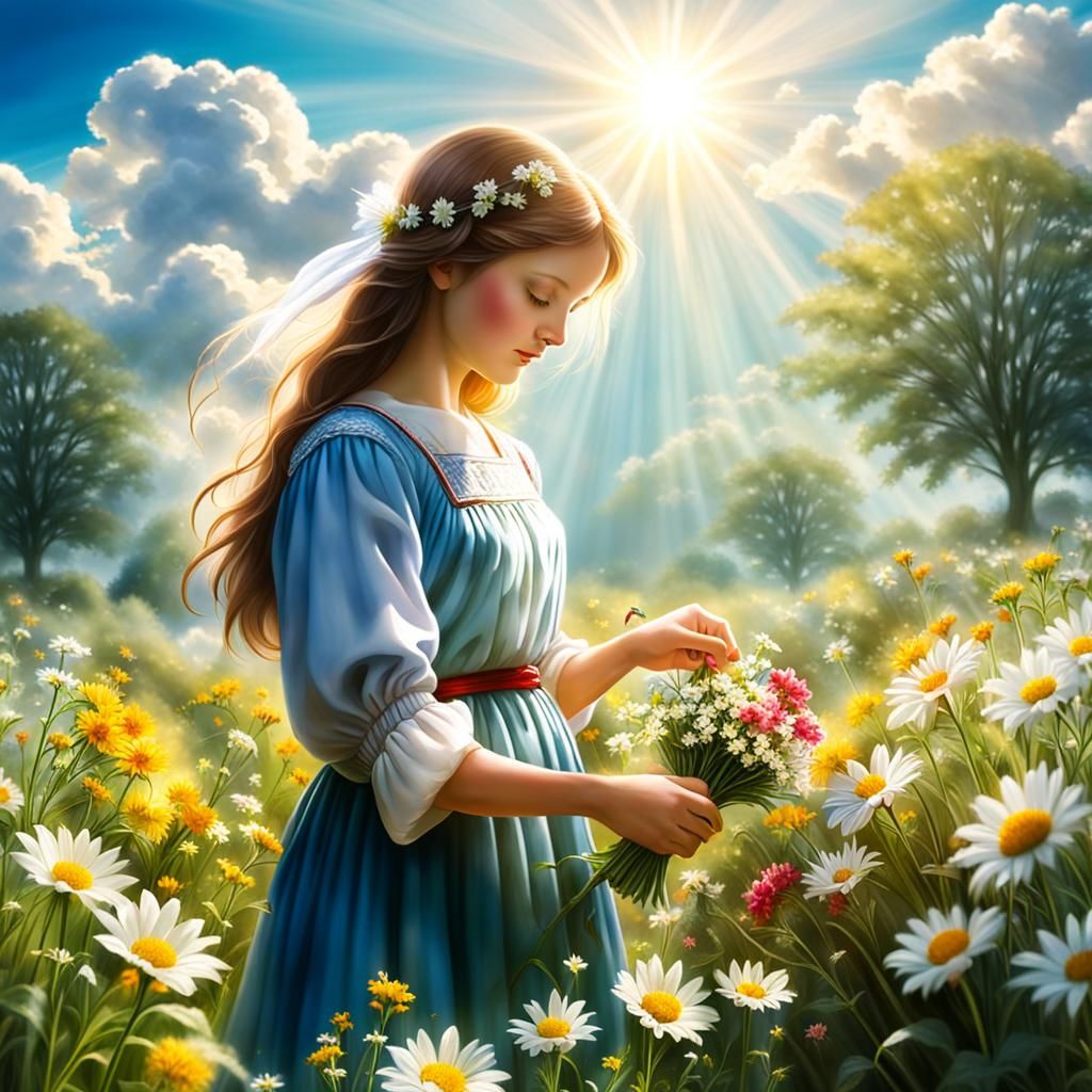 Lady in Ethereal Serenity, Picking Blooms Amidst Heavenly Li...