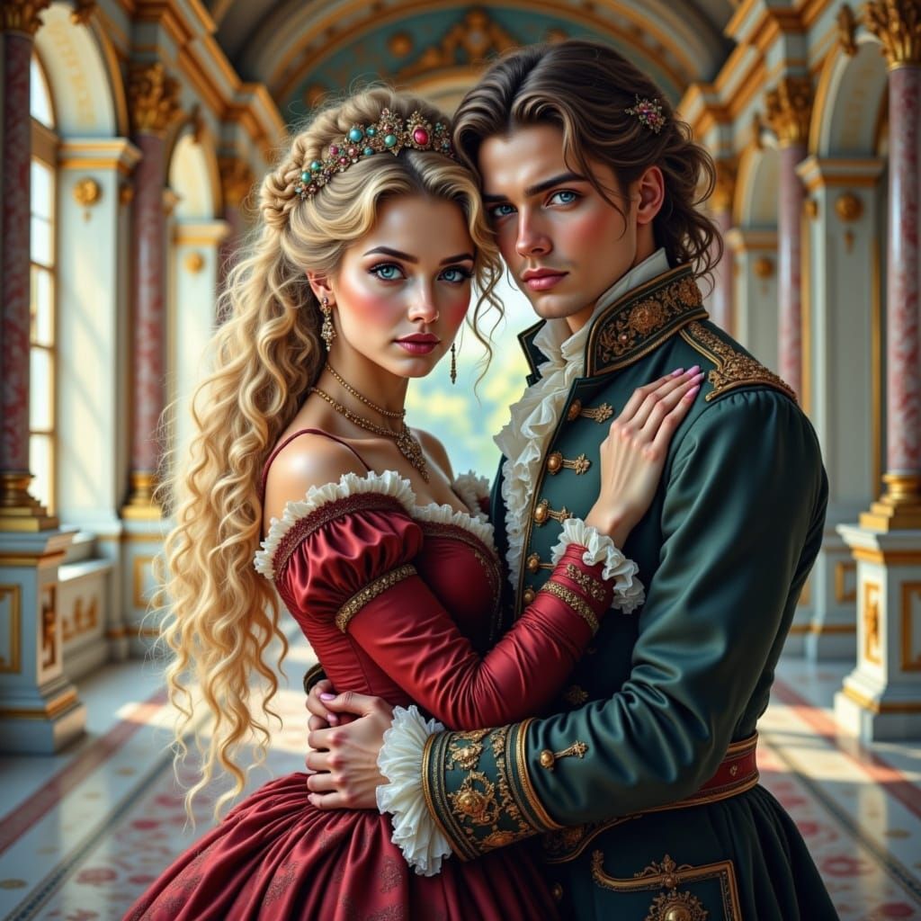Baroque Noble Couple Embraced in Palace