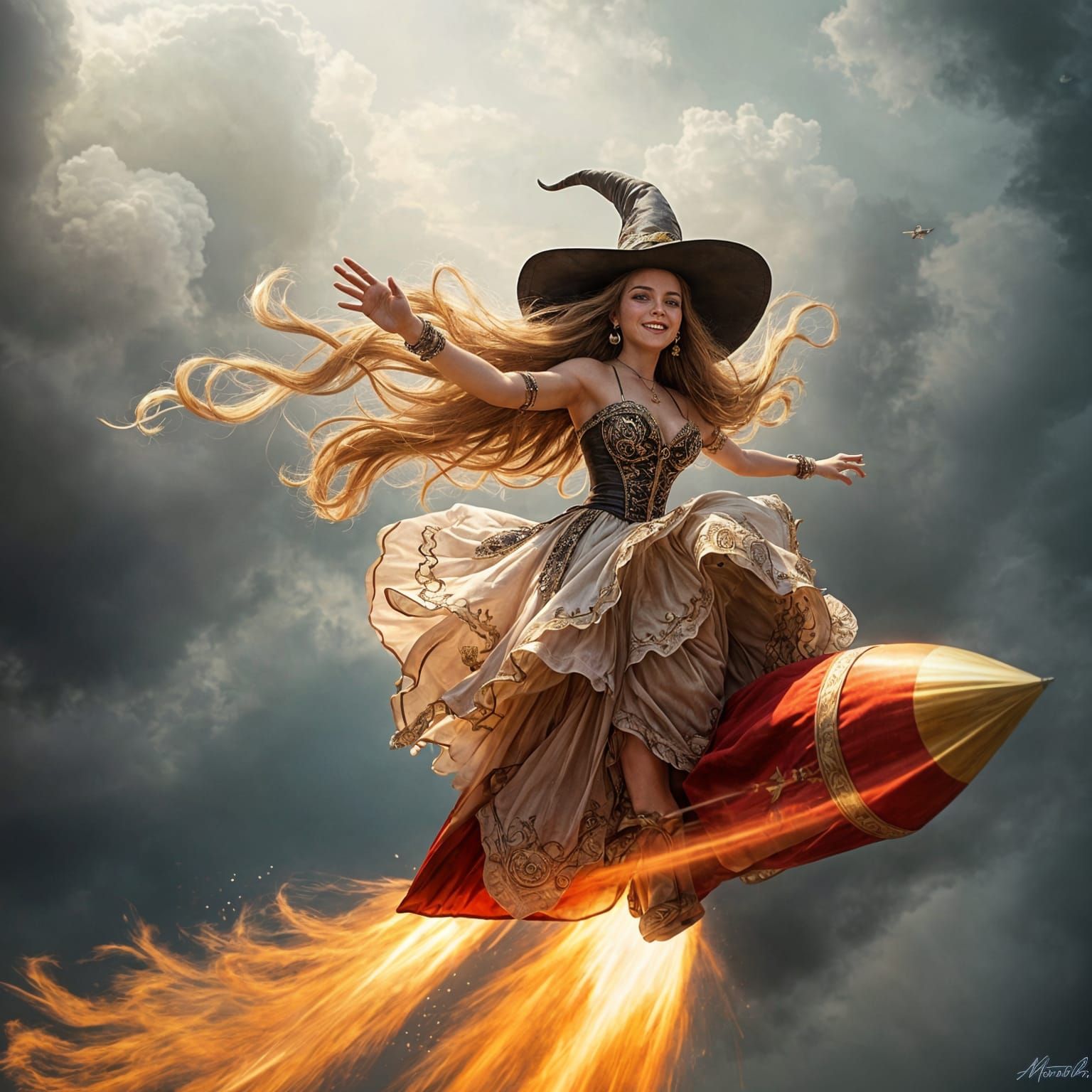 Hyperrealistic Witch with Rocket and Intricate Dress