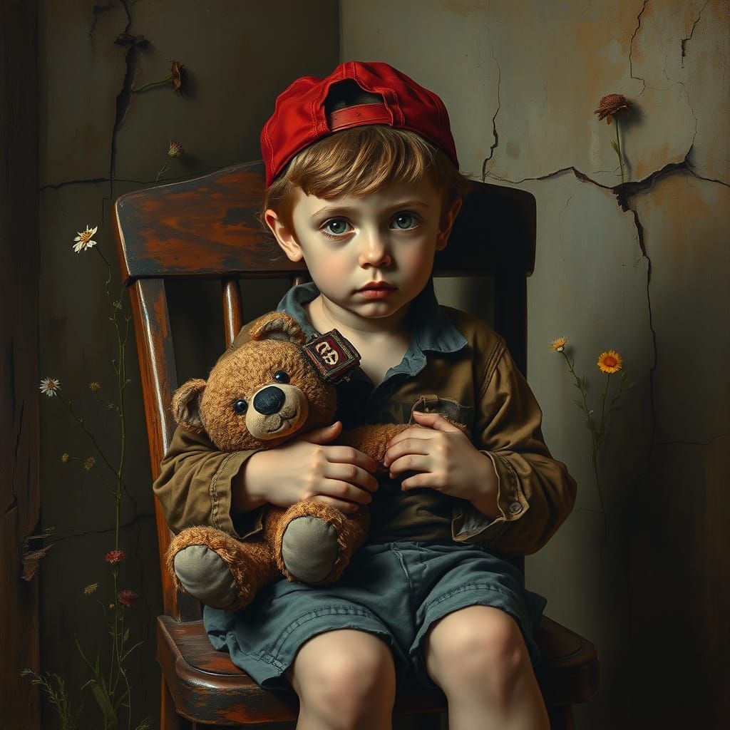 Poignant Boy with Teddy Bear: Impasto Art