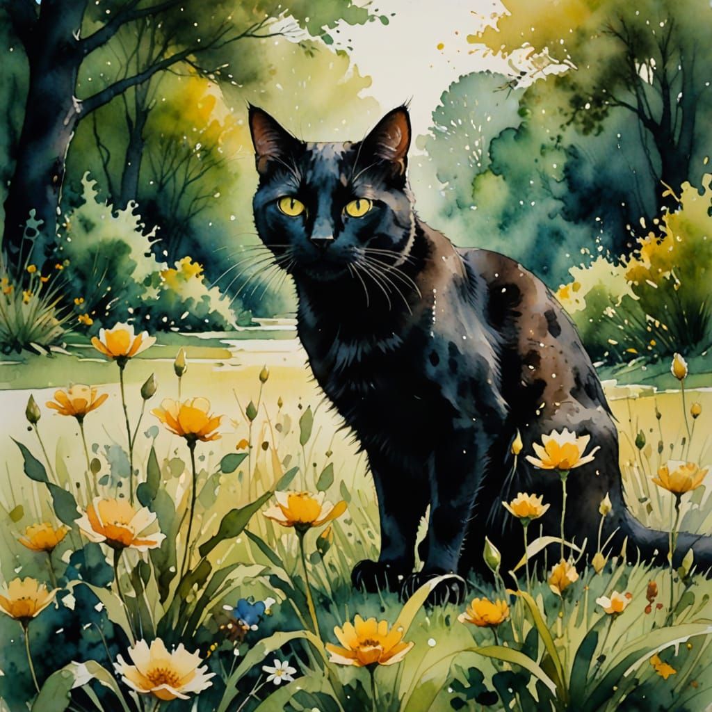 Whimsical Watercolor of a Black Cat on a Vibrant Green Lawn