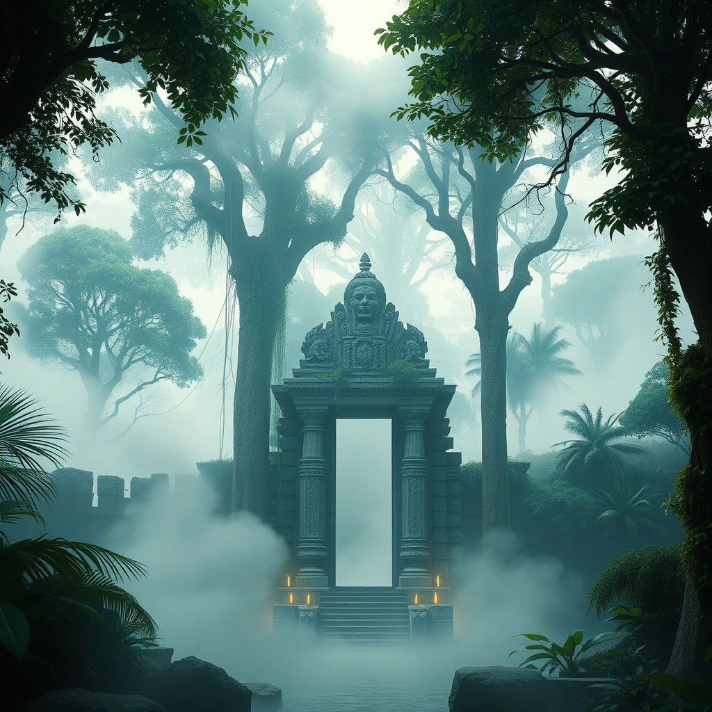 Mystical Jungle Ruins in Ethereal White Mist