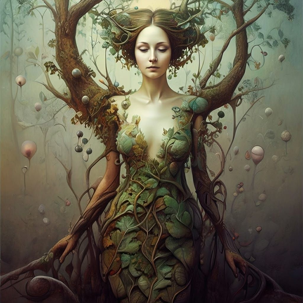 Surreal Woman Merges with Primeval Forest in Oil-on-Canvas S...