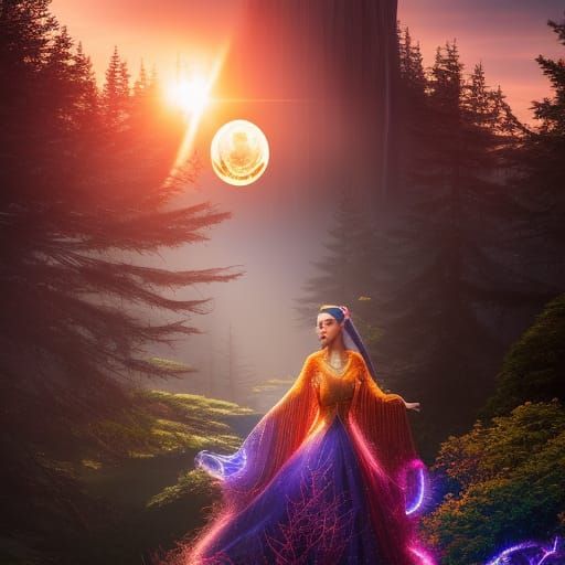 Ethereal Sunset Sorceress Amidst Whirling Magical Forces in....