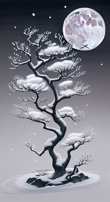 Serene Nighttime Scene in Traditional Chinese Ink Painting S...